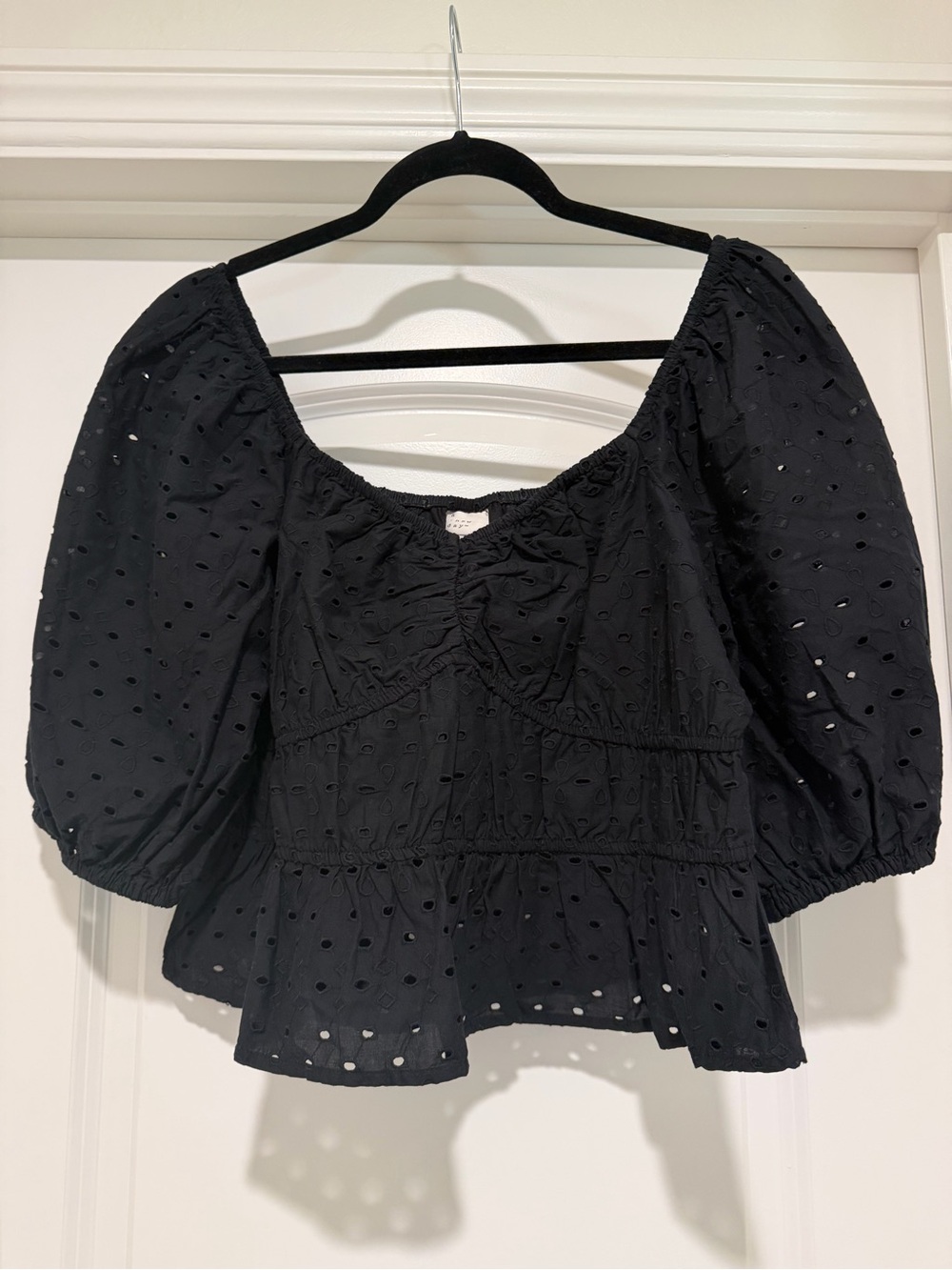 Size XL - Black Puff Sleeve Eyelet Peplum Top